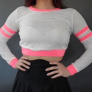White Mesh Neon Pink Sporty Crop See Thru Sweater